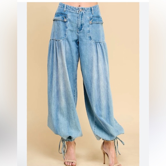 Veveret Denim - Veveret Light Wash Ankle Drawstring Jeans Size Small Baggy Balloon Pants